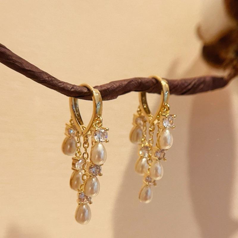 Diamond Tassel Pearl Drop Earrings