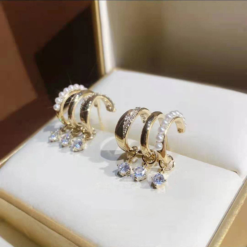 Three Lifetimes Three Rings Pearl Zircon Earrings