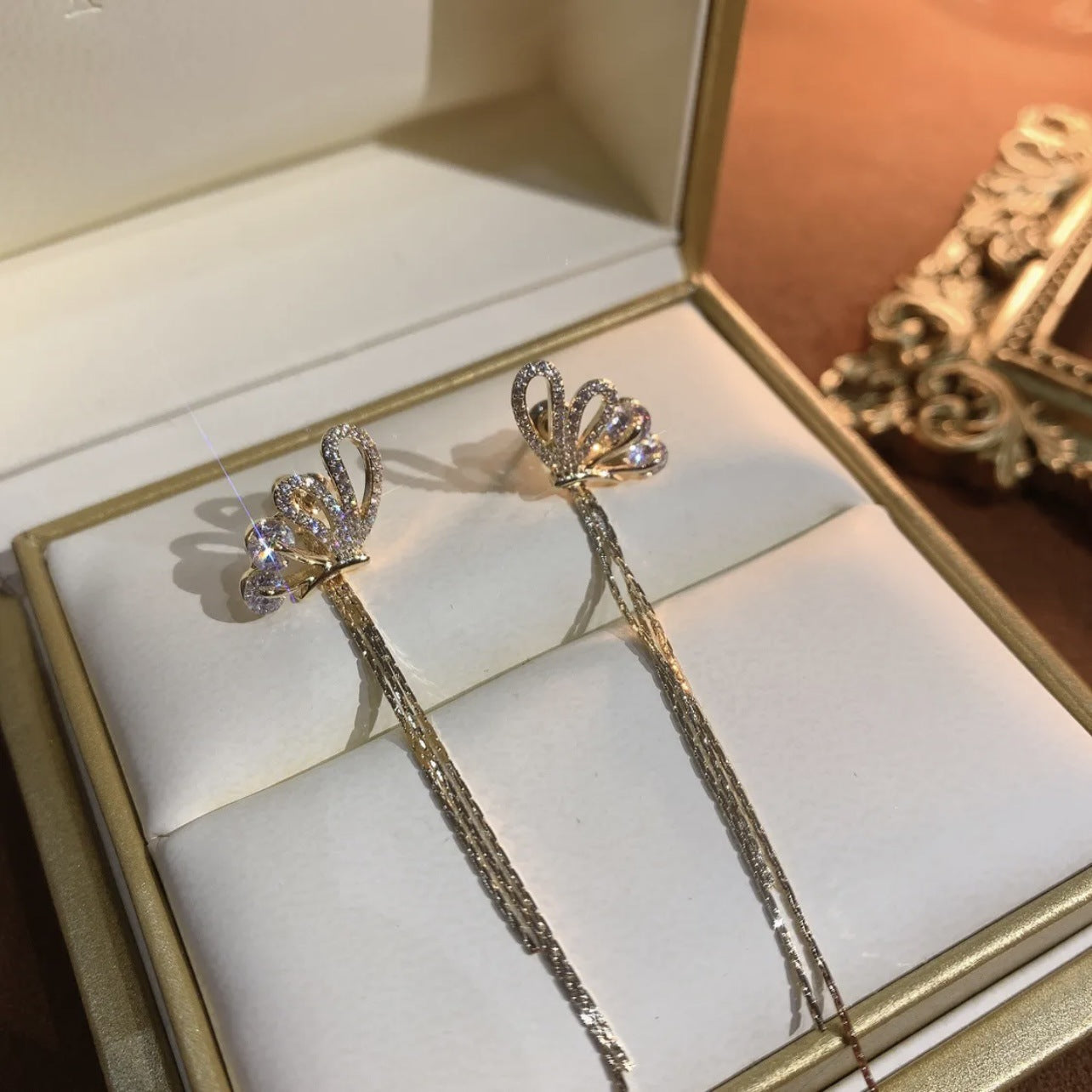 Butterfly Wing Microset Long Fringe Earrings