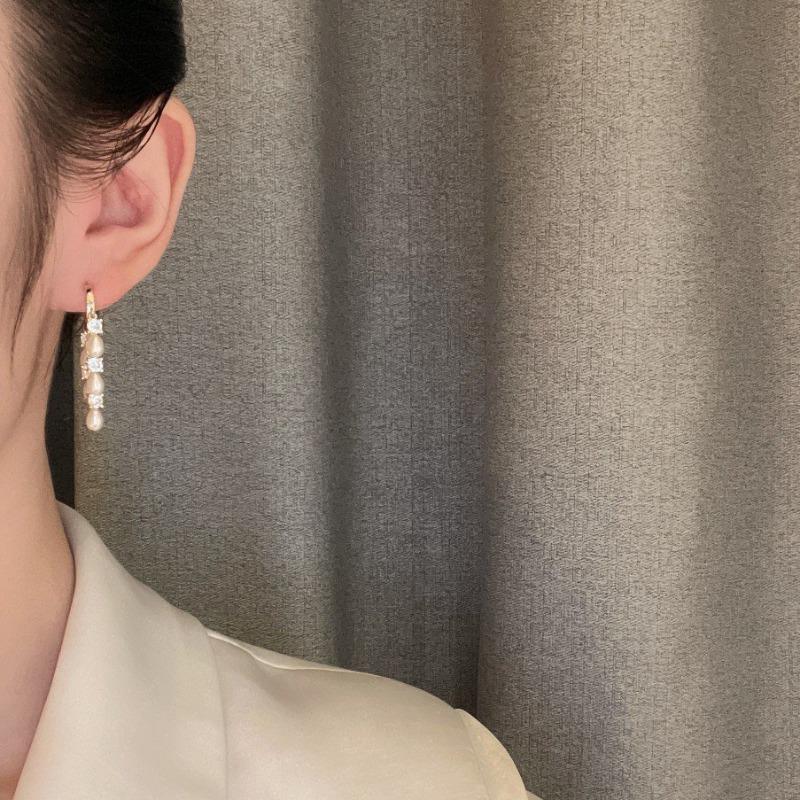 Diamond Tassel Pearl Drop Earrings