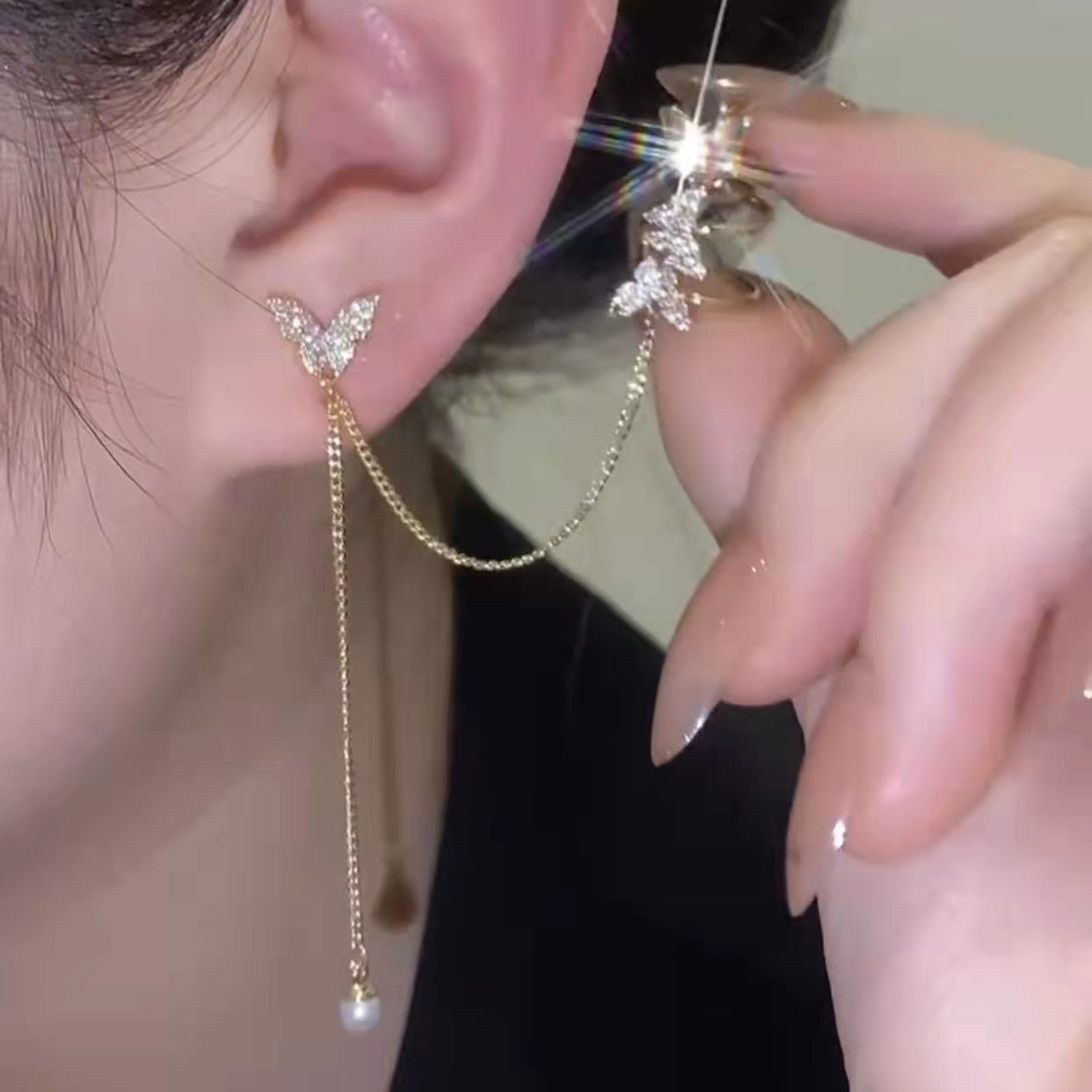 Long Chain Butterfly Ear Bone Clip Ear Chain Earrings
