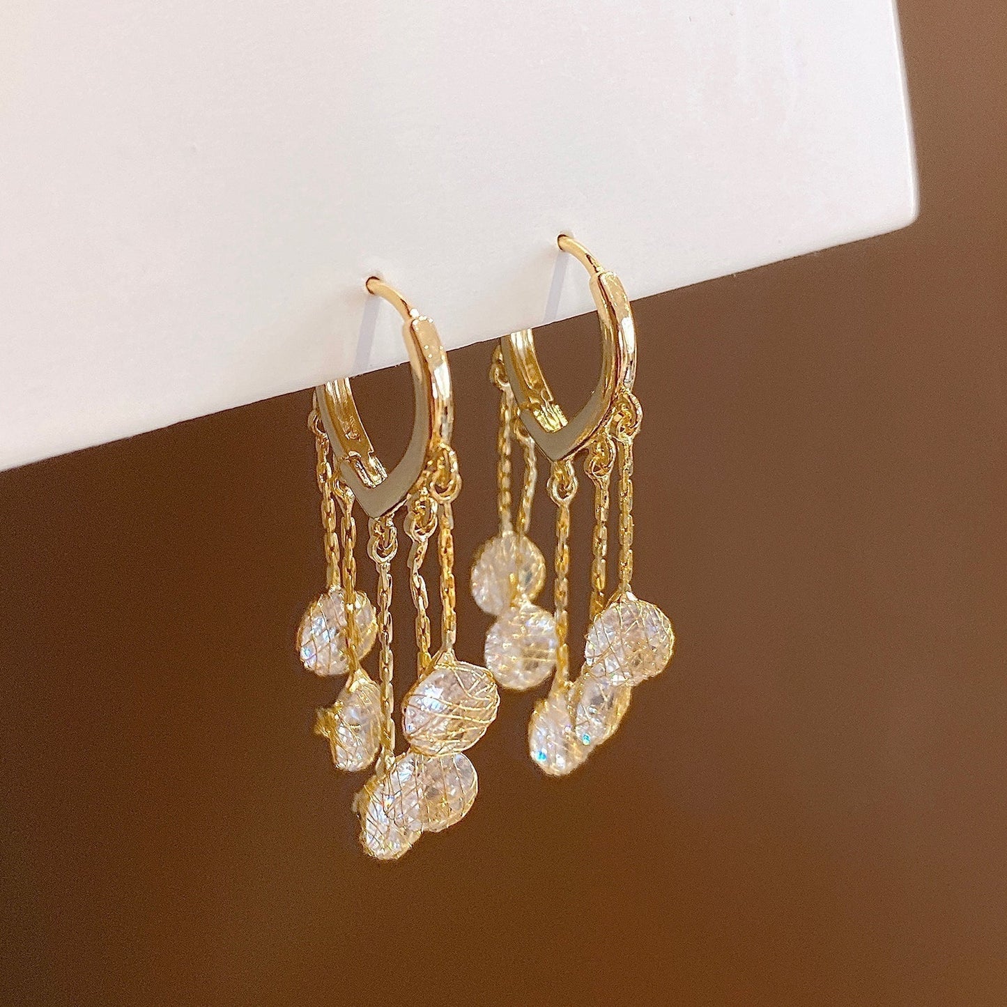 Metal Mesh Diamond Water Drops Long Heart Earrings