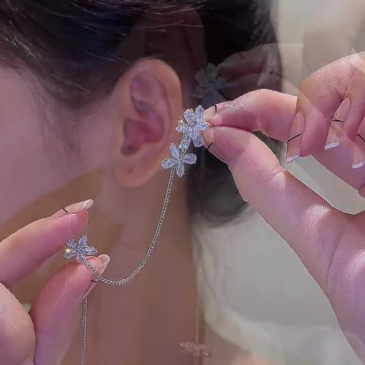 Temperament Flower Zircon Long Chain Ear Cuff Earrings