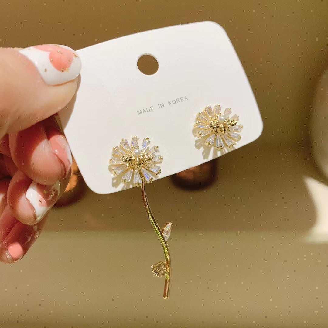 Flower Branch Crystal Daisy AB Sides Earrings
