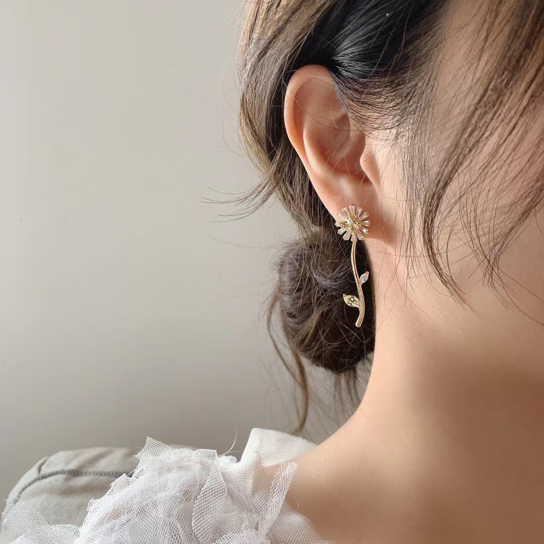 Flower Branch Crystal Daisy AB Sides Earrings