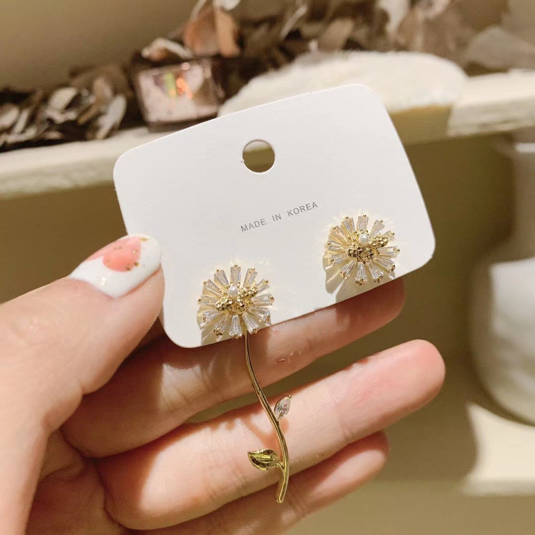 Flower Branch Crystal Daisy AB Sides Earrings
