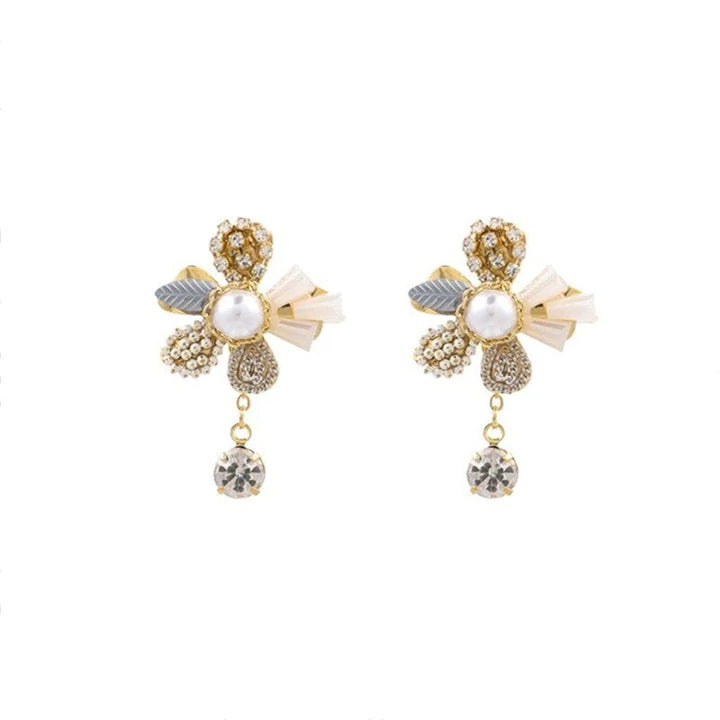 Pearl Flower & Crystal Tassel Earrings