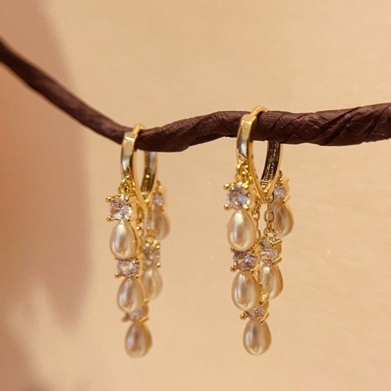 Diamond Tassel Pearl Drop Earrings
