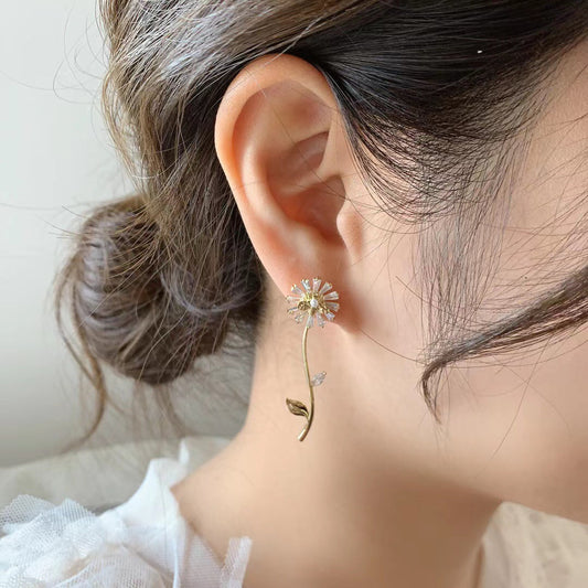 Flower Branch Crystal Daisy AB Sides Earrings