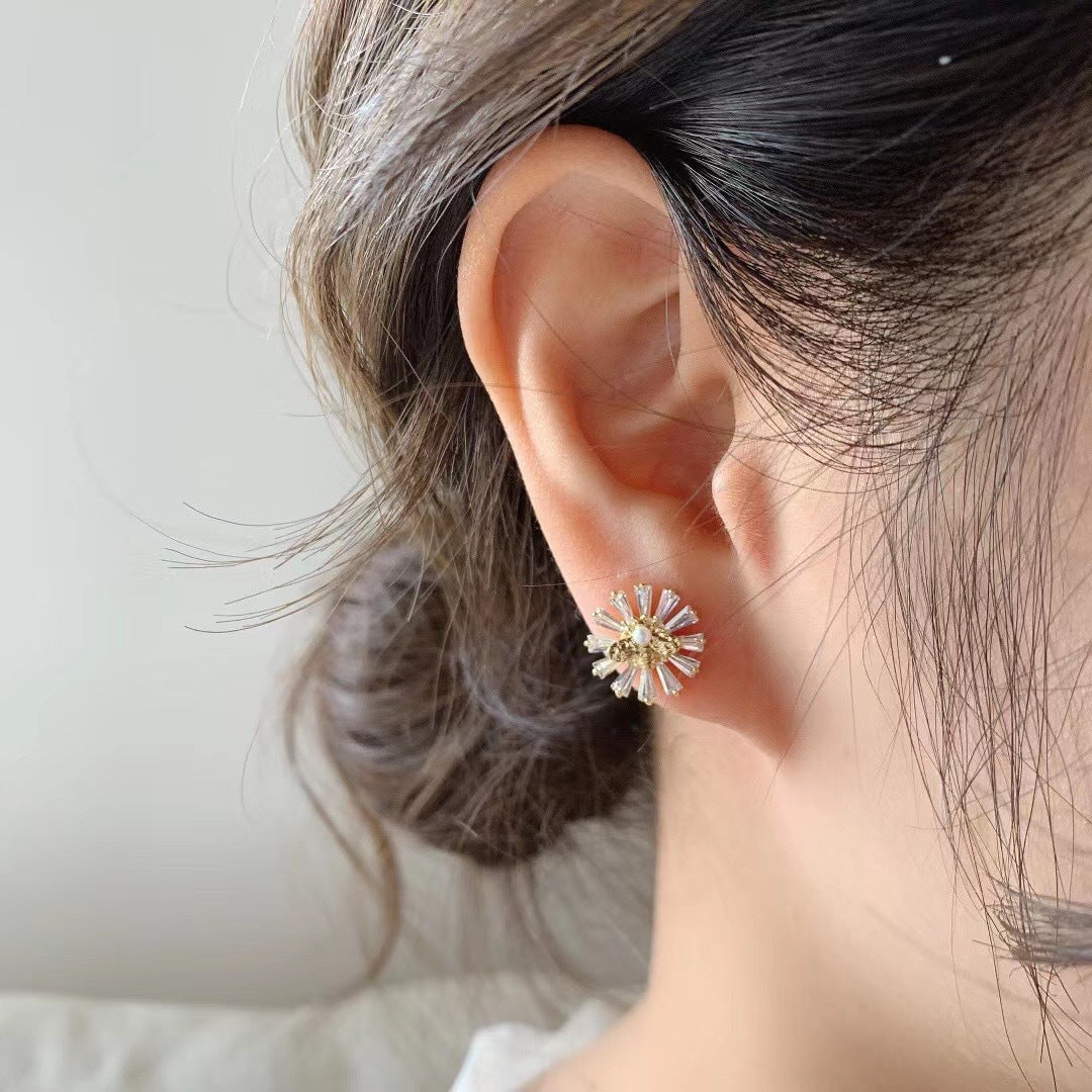 Flower Branch Crystal Daisy AB Sides Earrings