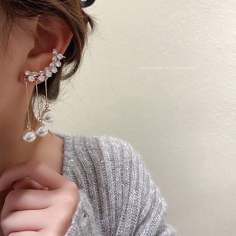 Diamond Tassel Pearl Ear Clip Integrated Non-Piercing Earrings